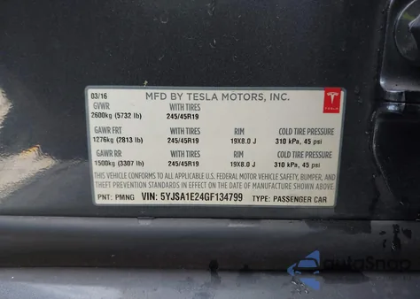 2016 Tesla Model S 60D/70D/75D/85D/90D from USA, damaged, VIN 5YJSA1E24GF134799